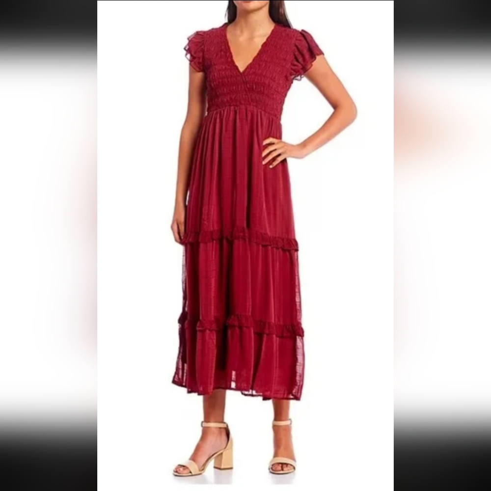 Moon River Red Midi  with Flutter Sleeves